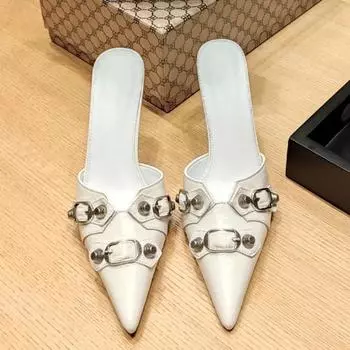 2024 Summer European and American Metal Riveted Baotou Women s Slippers New Motorcycle Pointed Fine Heels Black High Heels 34