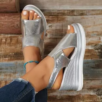 2024 summer fashion European and American sandals foreign trade large size fish mouth heightening muffin slope heel thick-soled beach sandals 36 золотой