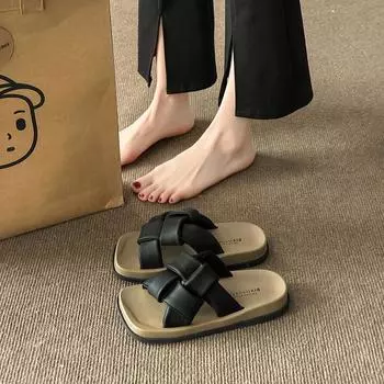 2024 Летняя мода на платформе, слипоны, уличные пляжные женские тапочки, дизайнерские повседневные кожаные женские сандалии на мягкой подошве 35 бежевый