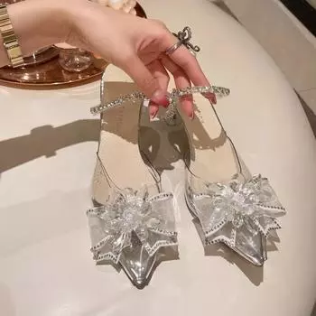 2024 Summer Fashion Women High Heels Light Weight Anti-Slip Transparent Thin Heel Sandals Pointed Rhinestone Bow Outwear High 37