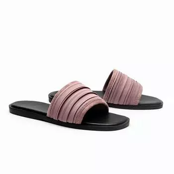 2024 Summer Flat Slippers Women Silk Cotton Fabric Upper Pleated Design Slides Shoe Sexy Open Toe Non Slip Beach Sandal Slippers 35 фиолетовый
