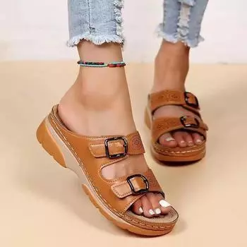 2024 summer foreign trade new large size sandals independent station fashion slope heel spot casual sandals Roman style slippers 35 темно-синий