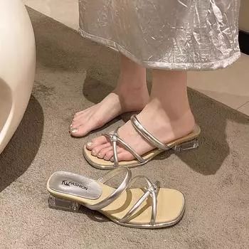 2024 summer foreign trade new solid color square head one-word fashion European and American style women s large size high-heeled sandals 35 серебряный