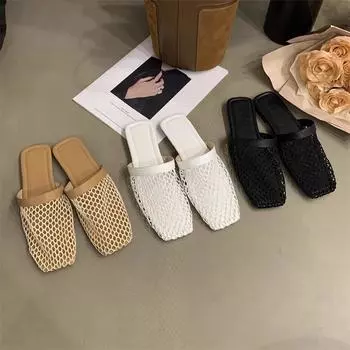 2024 summer French hollow women s flat-soled muller shoes wear retro lazy bag head straw sandals half slippers 35