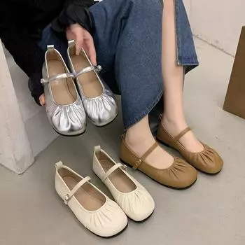 2024 summer French pleated round head new shallow mouth single shoes light and versatile Mary grandma flat shoes 35