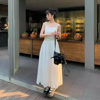 2024 Summer French Style Lace Hollow Swing Dress – Pure, Gentle, Large Suspender Design (S1020) Small