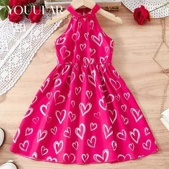 2024 Летнее платье для девочек с розовым узором «Любовь» и милой юбкой-трапецией на подтяжках Детская одежда 4Y розовый