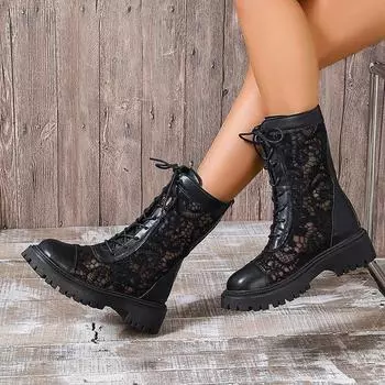 2024 Summer High Quality Women s Shoes Fashion Round Toe Solid Color Hollow Breathable Mid Heel Lace Up Short Women s Boots 35 чёрный