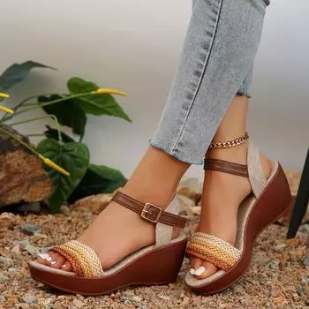 2024 Summer High-quality Women s Shoes Fashion Open-toe Leopard Print Color Wedge One-line Buckle Women s High-heeled Sandals 36