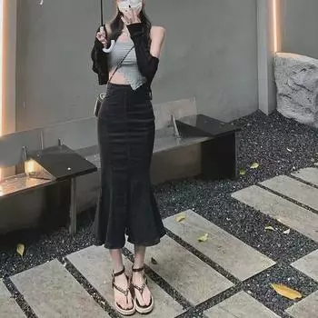 2024 Summer High Waist Denim Fishtail Skirt: Slim, Elastic, Irregular Slit Design Small чёрный