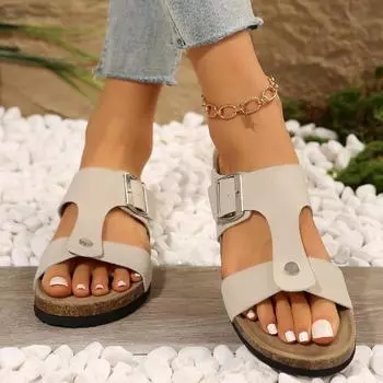 2024 Summer Hot Selling High Quality Women s Shoes Fashionable Open Toe Solid Color Low Heel Buckle Roman Women s Flat Slippers 35 бежевый