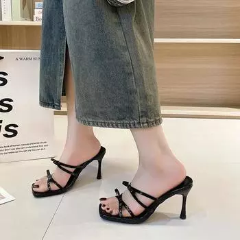 2024 Summer Hot Selling Solid Color Fashion Open Toe Women s Slippers Casual Bow Decorated Stiletto Women s High Heel Slippers 35 серебряный