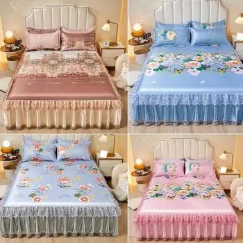 2024 Summer Lace Bed Skirt Ice Silk Mat Printed Korean Lace Cool Mat Set Retro Single and Double Air Conditioning Soft Mat 150x200cm 3pcs