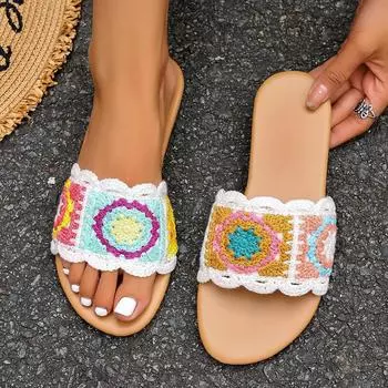 2024 Летние женские тапочки шерстяные плетеные тапочки с цветочным узором квадратные сандалии с открытым носком на плоской подошве для женщин 36 коричневый