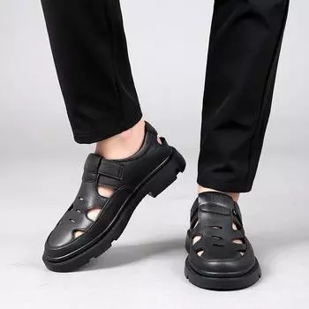 2024 Summer Men s Hollow Leather Shoes Casual Shoes Black Brown Casual Sandals Breathable Hole Shoes Sandals Men Shoes Sandals 37 чёрный