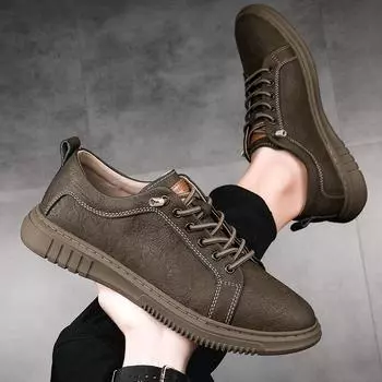 2024 Summer Men s New Mesh Cowhide Board Shoes High Quality Brand Men s Hollow Breathable Lace Up Outdoor Sports Leather Shoes 36 хаки