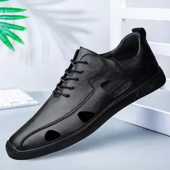 2024 Summer Men s Sandals Genuine Leather Hollowed Out Soft Bottom Breathable Casual Shoes Lightweight Comfy Flat Designer Shoes 37 чёрный