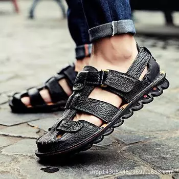 2024 summer men s shoes breathable real cowhide men s new large size sandals non-slip and wear-resistant outdoor beach shoes bag head 38 чёрный