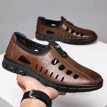 2024 summer men s soft leather casual men s shoes soft sole men s shoes casual hollow hole shoes breathable leather sandals 39 чёрный