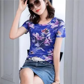 2024 Summer Mesh Slim Fit Half-Sleeve Top Flowers Blue L