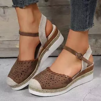 2024 summer new bag head sandals women s casual slope heel thick sole hollow breathable buckle Roman sandals women 36 чёрный