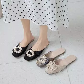 2024 summer new baotou half-drag women s Korean version of fashion pearl buckle square head outer wear lazy flat-bottomed Muller slippers 35