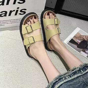 2024 summer new casual one-word slippers women s fashion belt buckle half-drag cool slippers 35 чёрный