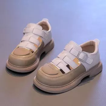 Летние новые детские сандалии 2024 года, модные детские сандалии в британском стиле с вырезами, римские сандалии, универсальная толстая подошва, пляжная обувь для девочек 26 хаки