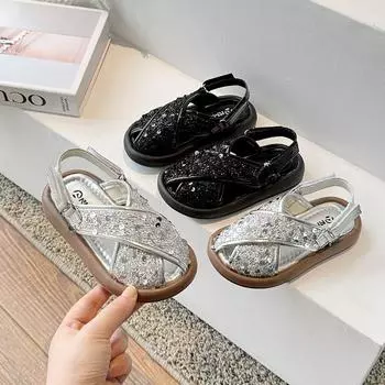 2024 Летние новые детские сандалии для девочек Princess Glitter Performance Casual Elegant Anti-Slipping Soft Fashion Beach Shoes 23 чёрный