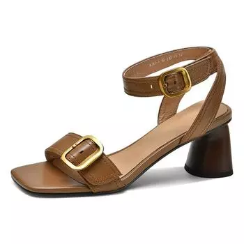 Летние новые босоножки на толстом каблуке для женщин 2024 года, коричневые модные повседневные коричневые сандалии с пряжкой в стиле ретро для женщин 34 чёрный