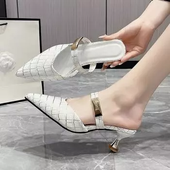 2024 лето новые удобные женские тапочки с острым носком повседневные модные женские туфли на высоком каблуке элегантные уличные туфли на круглом каблуке 35 белый
