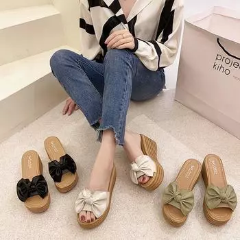 2024 летние новые классные тапочки женские с бантом на танкетке односложные тапочки с рыбьим ртом классные тапочки женские босоножки на высоком каблуке женские 35 чёрный
