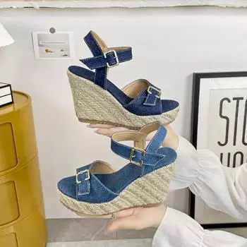 Летние новые сандалии большого размера из денима в европейском и американском стиле с пряжкой на ремне One Word для женщин 36 темно-синий