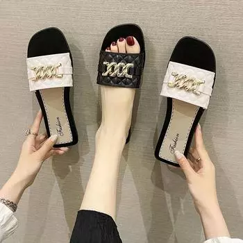 2024 Summer New External Wearing Slippers Women s Roman Style Fashion Buckle Flat Bottom Women s Fashion Slippers 36-37 чёрный