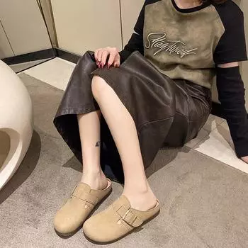 2024 Summer New External Wearing Women s Baotou Large Size Half Slippers Matte Leather Solid Color Comfortable Single Shoes 35 бежевый