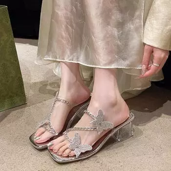 2024 summer new fairy wind bow rhinestone thick heel cool slippers women wear French toe square and sandals 35 серебряный