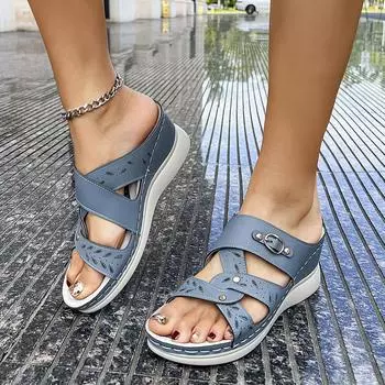 2024 лето новая мода повседневная обувь на каблуке с уклоном пляжная одежда сандалии женская обувь мода 36 светло-синий