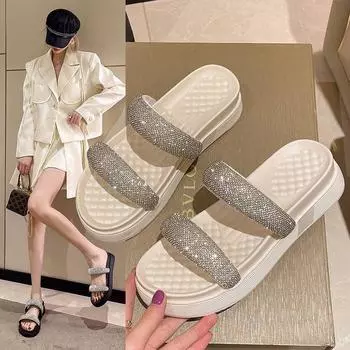 2024 Summer New Fashion Casual Women s Slippers Sponge Cake Thick Bottom Beach Diamond Sandals Women s Shoes 35