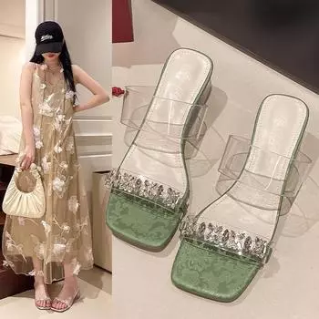 2024 Summer New Fashion Elegant Casual Thick Heel Sandals PVC Square Toe Lightweight Apricot Open Toe Slippers 35 зелёный