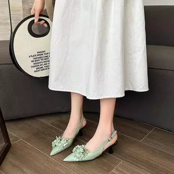 2024 summer new fashion niche design sweet floral pointed head bag head cover foot high heel sandals stiletto single shoes 34