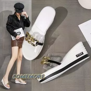 2024 Summer New Fashion Outdoor Beach Metal Chain Transparent Wedges Heels Slippers Women Comfortable Round Head White Non-slip 35 чёрный