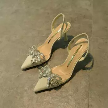 2024 летняя новая мода остроносые тонкие каблуки высокие каблуки со стразами бант сзади ремешок сумка голова сандалии женская обувь прилив 34