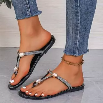 2024 Summer New Fashion Women Slippers Rhinestone Pinch Toe Flat Casual Shoes Woman Beach Casual Sandals Female Zapatos Mujer 36 белый