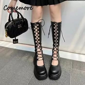 Летние новые женские дышащие сетчатые сапоги с отверстиями из натуральной кожи, высокие рыцарские сапоги на каблуках до колена, тонкие классные сапоги 35 коричневый