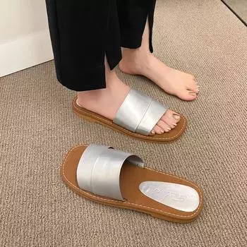 2024 летние новые нишевые простые односложные классные тапочки на плоской подошве женские пляжные туфли с открытым носком на мягкой подошве 35