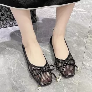2024 summer new flat-bottomed square-headed single shoes women s shallow mouth mesh fairy wind grandma shoes comfortable and breathable Doudou shoes 35 чёрный
