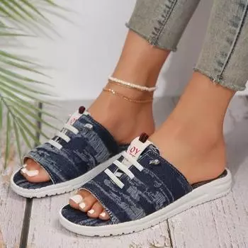2024 summer new foreign trade large size women s fringed canvas flat bottom cool slippers simple wind Doudou half drag women s shoes 36 темно-синий