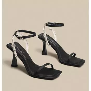 2024 Summer New Genuine Leather Retro Square Toe Flip-Toe Sandals Fashion High Heels Women s Sandals Zapatos De Mujer 34 чёрный