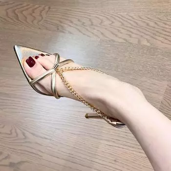 2024 summer new gold chain thin strap high heels women s thin heel versatile open toe pointed one word with sandals 34 золотой