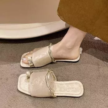 2024 summer new Guochao embroidered toe slippers can be worn at home with skirts pearl cool slippers women 35 зелёный